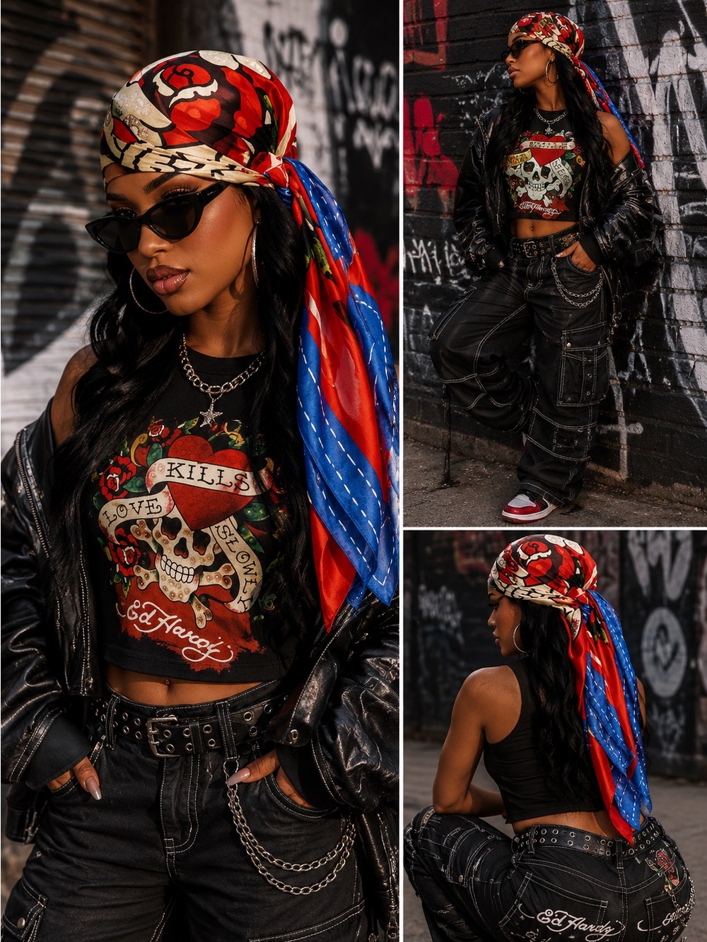 Ed Hardy Love Kills Slowly Skull Heart Satin Scarf Red Blue Y2K